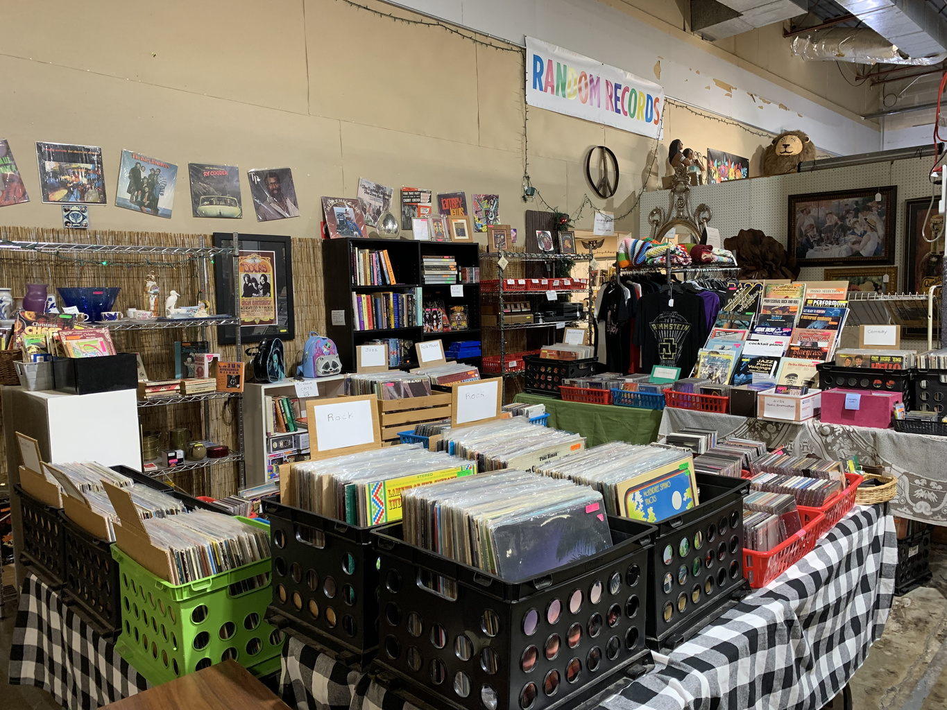 Rows of vinyl, books, and music memorabilia inside Random Records