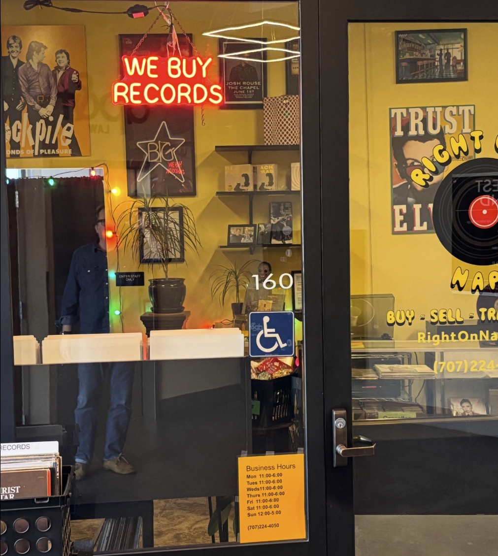 We buy records sign at Right On Napa