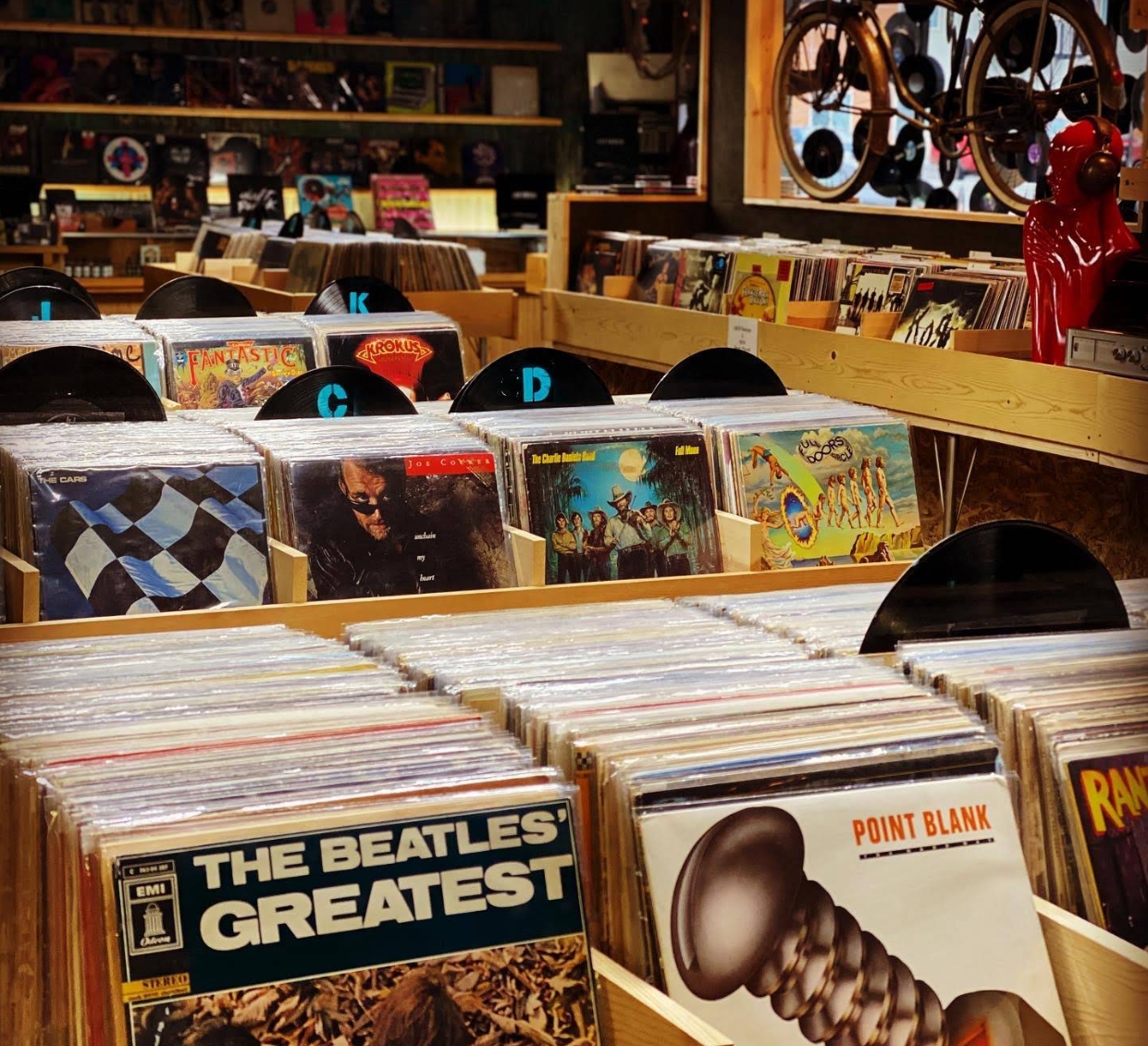 Record bins inside Black Wax Cafe