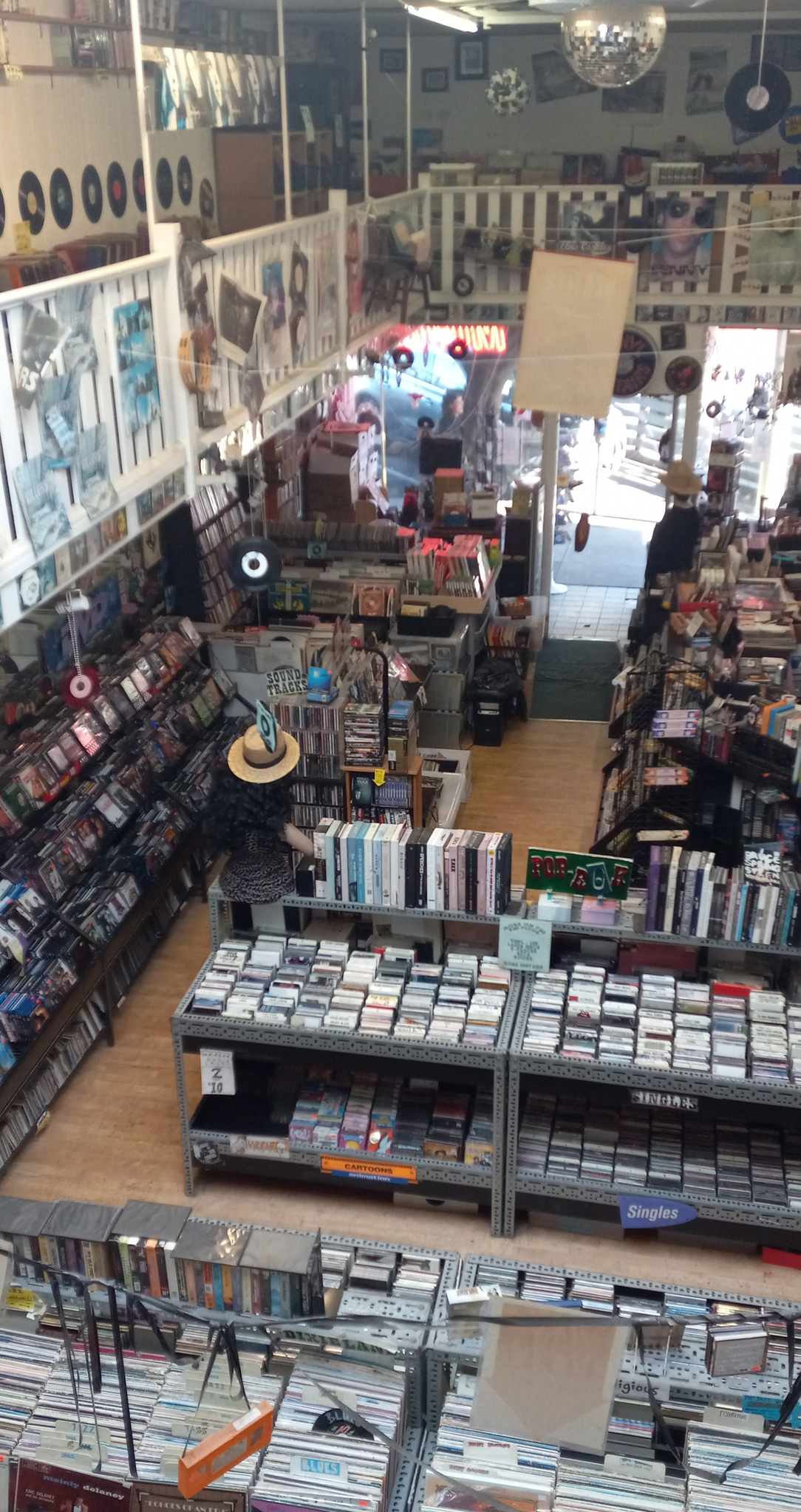 Shelves and bins inside The Music Store