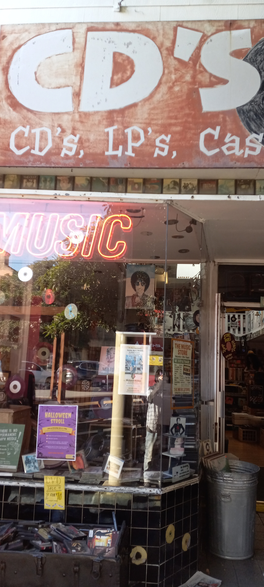 The Music Store window with CDs, LPs, and cassettes