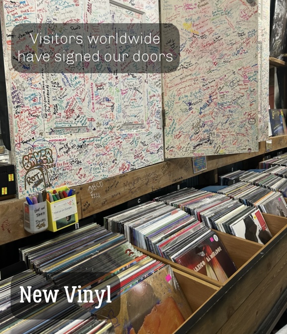 Signed doors at Dig It Record Barn