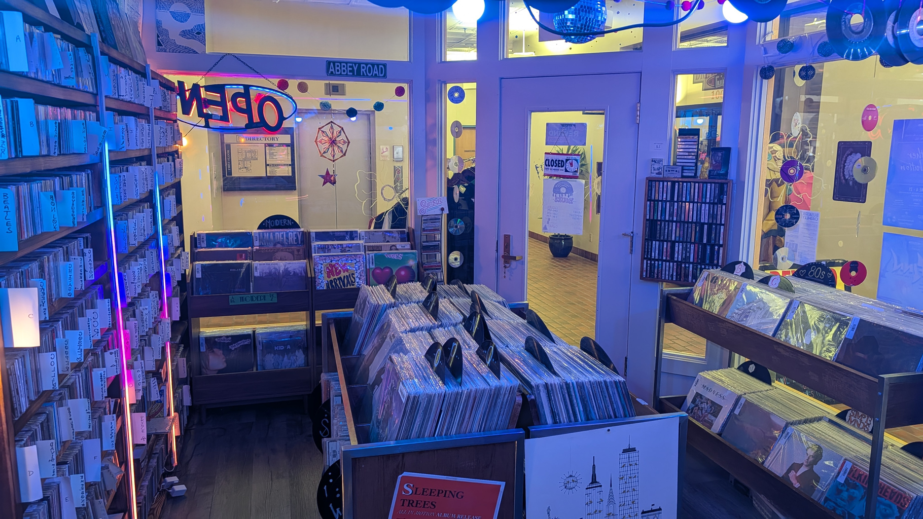 Record bins at Rewind Records