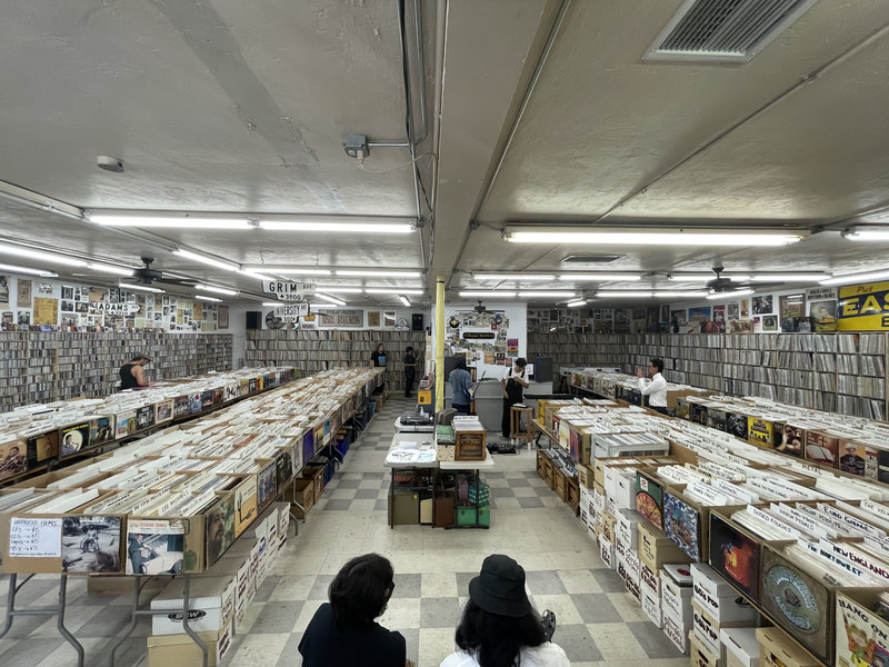 Wide view of the Folk Arts Rare Records shop floor