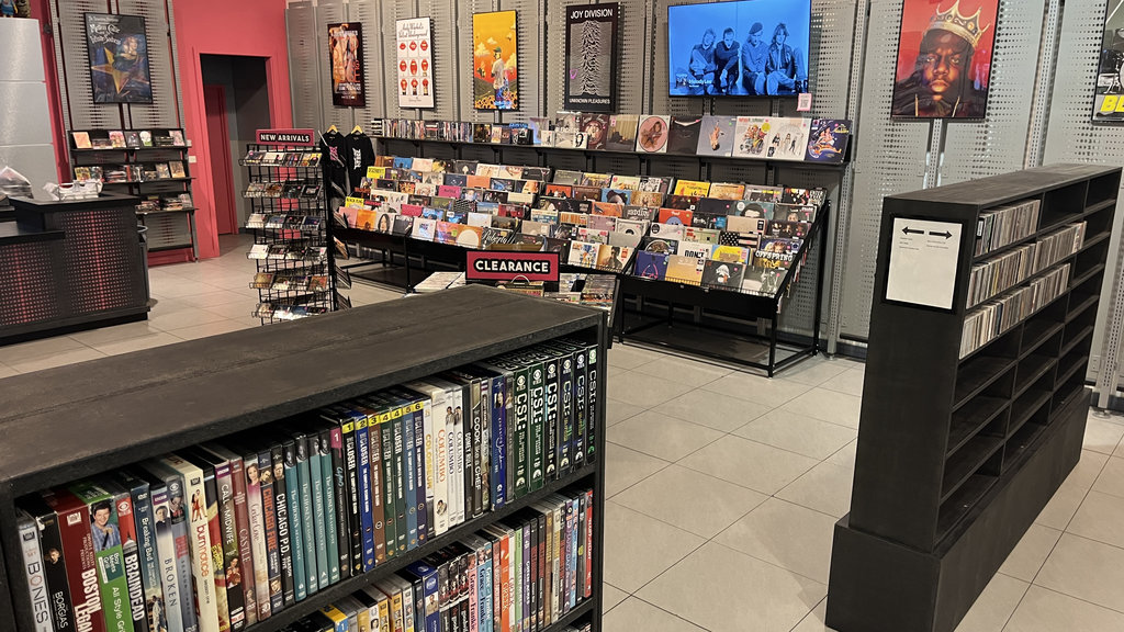 DVD shelves and music bins inside Razzle Dazzle