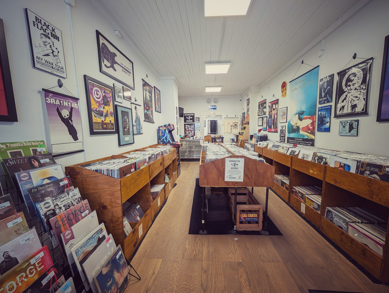 Wooden browsing bins inside Resignation Records